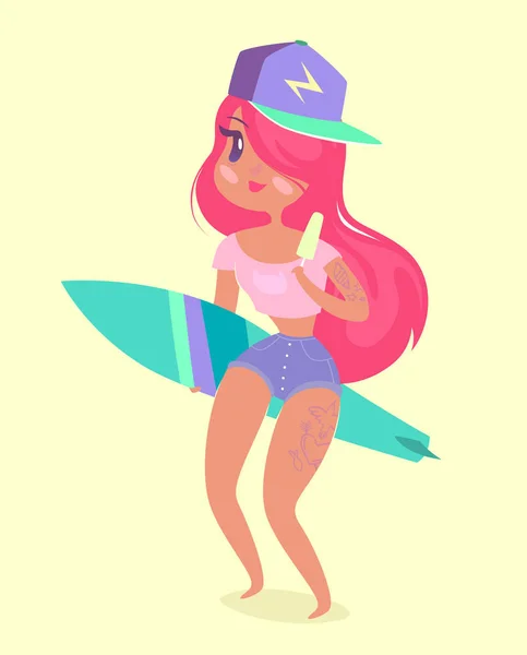 Cute Hipster Girl Pink Hair Holding Surfboard Vector Cartoon Character — Stock Vector