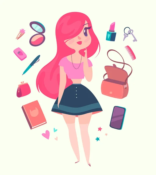 Menina Hipster Bonito Com Cabelo Rosa Está Escolhendo Acessórios Personagem — Vetor de Stock