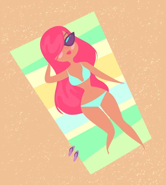 Linda Chica Bandera Con Pelo Rosa Está Tomando Sol Playa — Vector de stock