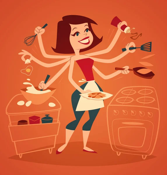 Kobieta Gotowania Śniadanie Ilustracja Wektorowa Gospodarstwa Domowego Serii — Wektor stockowy