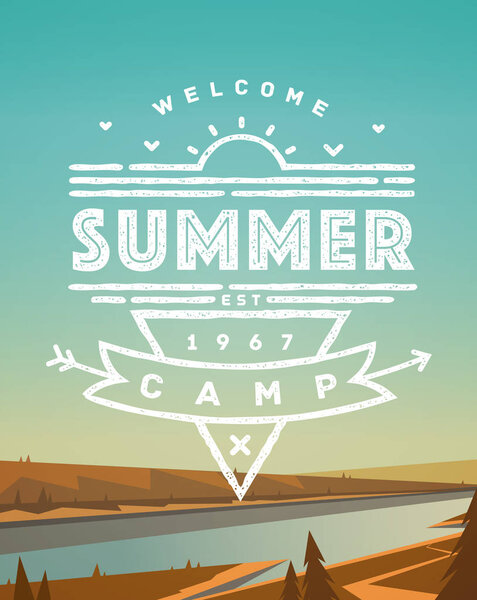Summer camping emblem, badge, sticker, stamp in vintage style on background with natural landscape. Vector illustration.