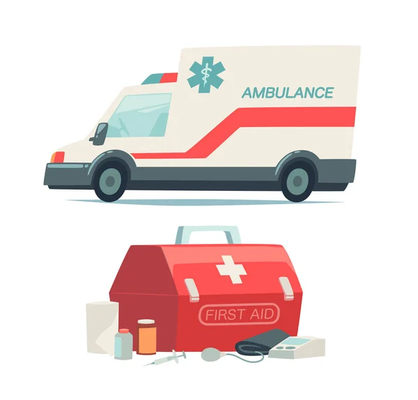 Ασθενοφόρο Αυτοκίνητο Και Πρώτες Βοήθειες Kit Εικονίδια Απομονωμένα Αντικείμενα Άσπρο — Διανυσματικό Αρχείο