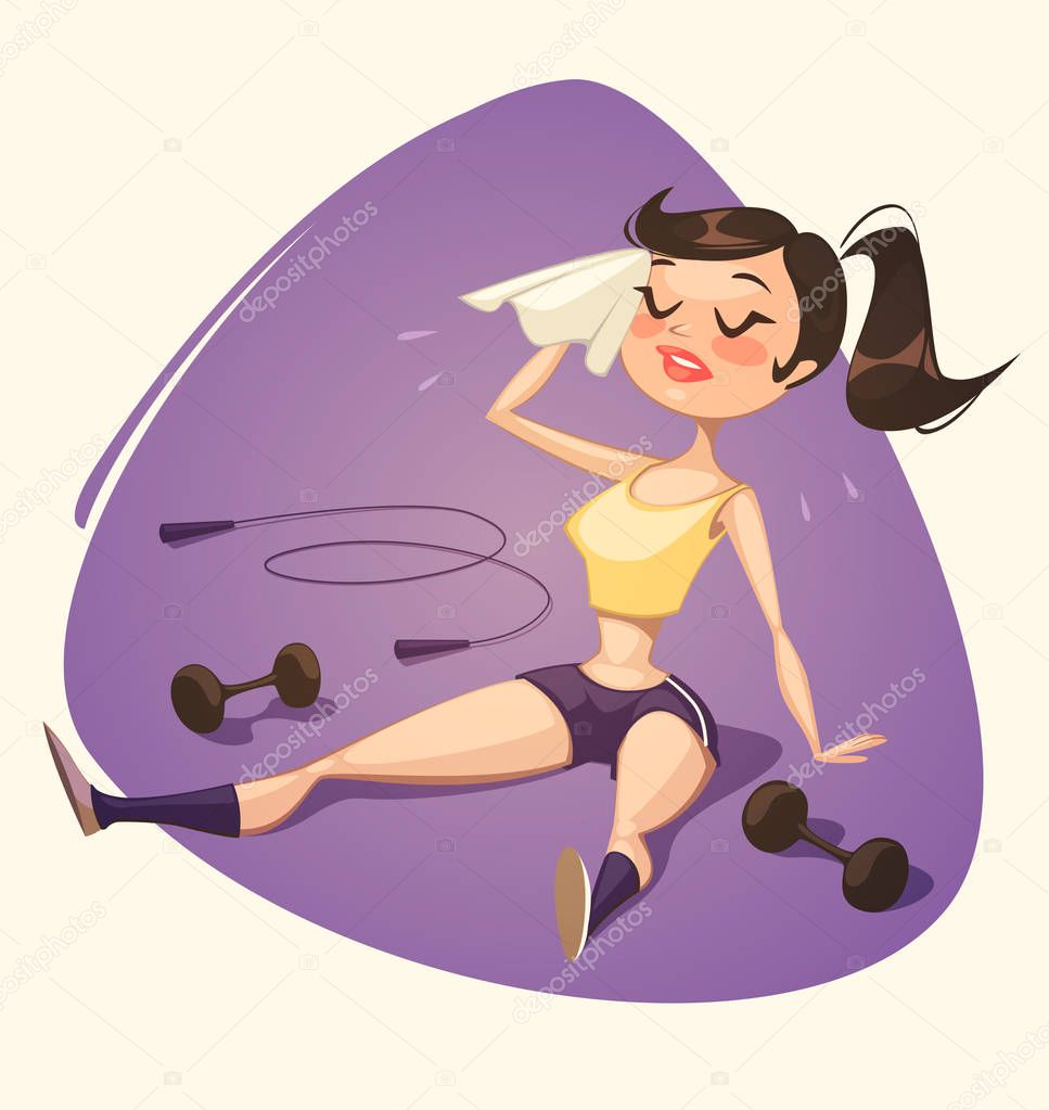 Tired girl after fitness. Vector illustration.