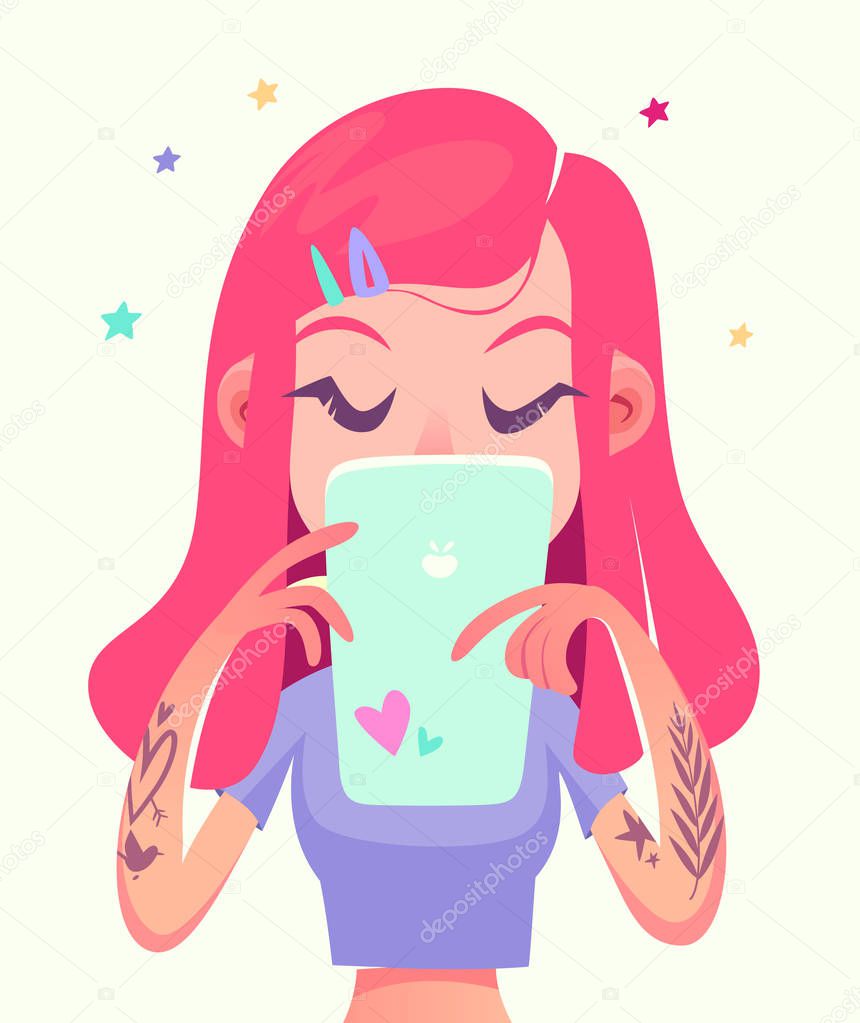 Cute hipster girl with pink hair is looking at smartphone. Vector cartoon character.
