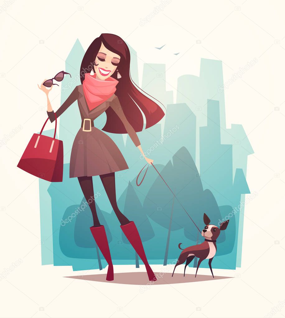 Pretty girl walking a dog. Vector illustration.