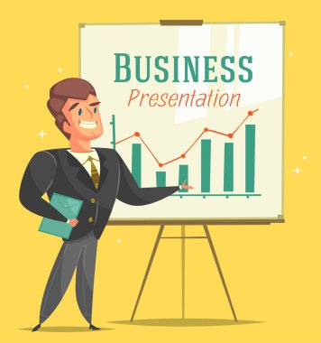 İşadamı bir sunum verir. Çizgi film tarzı karakteri. Vektör çizim.