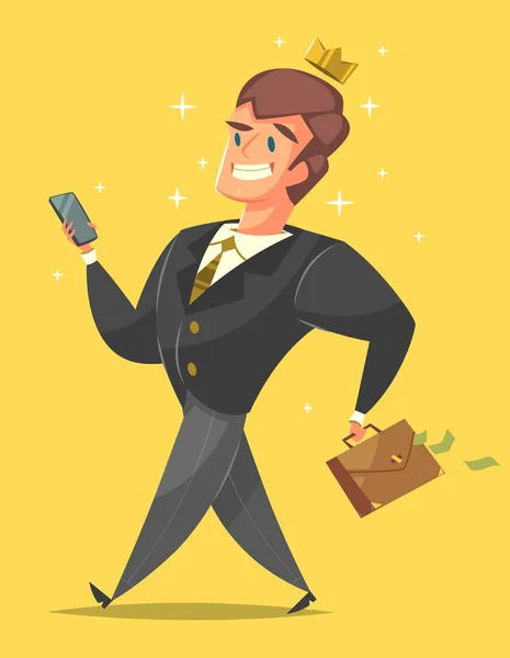 スーツの成功 幸せなビジネスマン 黄色の背景に お金のブリーフケースを使って成功した実業家漫画スタイルの文字 ベクトル図 — ストックベクタ