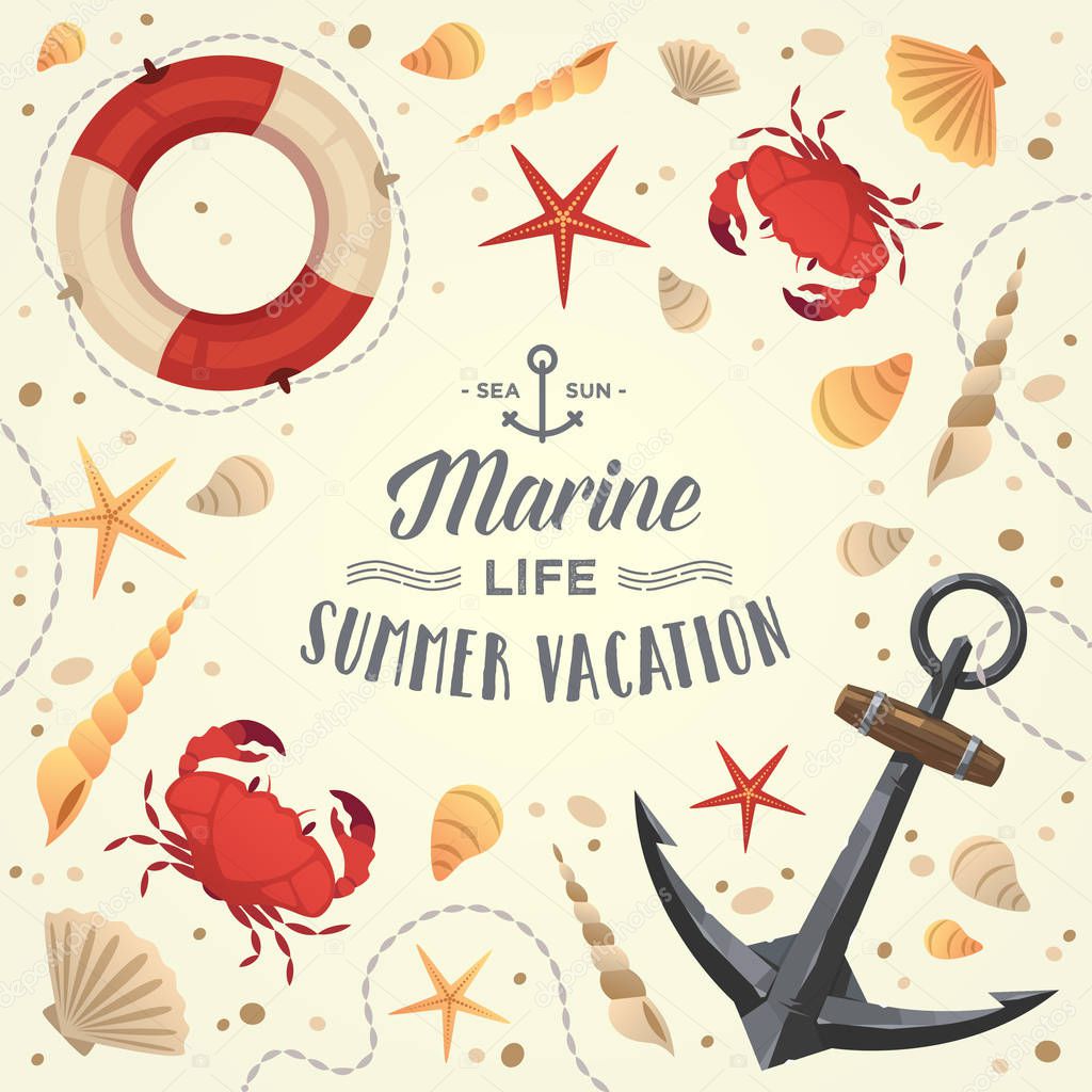 Marine life frame. Summer vacation. Vector illustration.