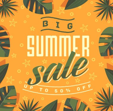 Büyük yaz Satılık. Yaz aylarında poster, afiş tipografi ve tropikal yazı ile çerçeve sarı zemin üzerine bırakır. Yaz promosyonu, şablon yaz indirim. Vektör çizim.