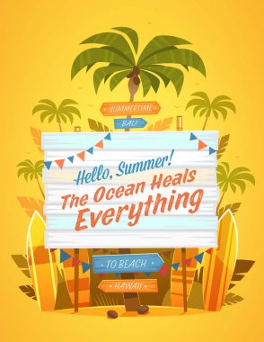 Merhaba, yaz! Yaz aylarında alıntı. Yaz tatil poster, tropik ada, kumlu plaj, avuç içi ile arka plan ve okyanus. Vektör çizim.