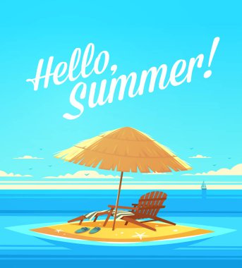 Okyanusun her şeyi iyileştirir. Yaz aylarında alıntı. Yaz tatil poster, şezlong, Güneş şemsiyesi, kumlu plaj, okyanus ile arka plan. Vektör çizim.