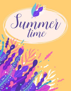 Yaz. Renkli kart çiçek elemanları ile. Vektör çizim.