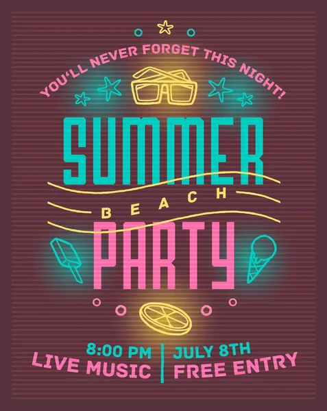 Sommernachtsparty Sommer Strandparty Poster Mit Schrifttypografie Neon Elementen Und Tropischen — Stockvektor