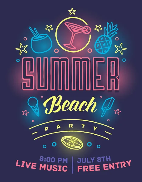 Sommernachtsparty Sommer Strandparty Poster Mit Schrifttypografie Neon Elementen Und Tropischen — Stockvektor