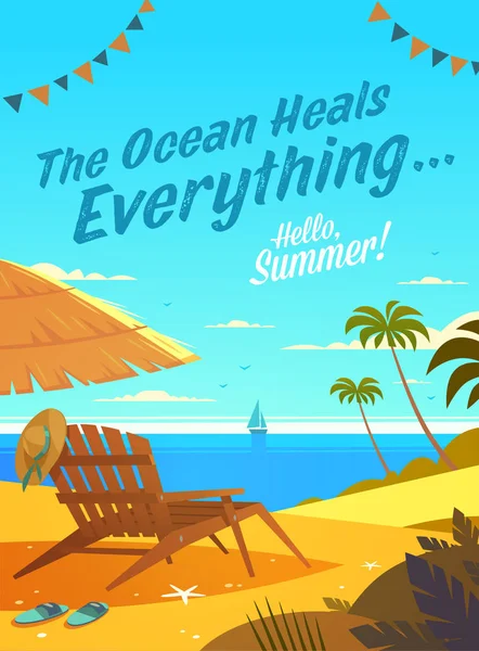 바다는 여름철 견적입니다 포스터 Deckchair 야자수 바다와 일몰을 일러스트 — 스톡 벡터
