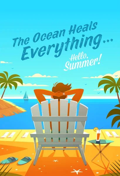 海がすべてを癒します 夏の引用 夏の休日ポスター デッキチェア ヤシの木 夕日のリラックスした男との背景 ベクトル図 — ストックベクタ