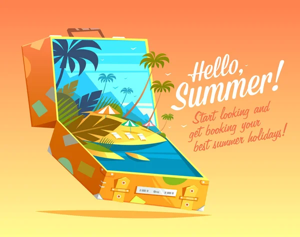 Hola Summer Cita Verano Cartel Vacaciones Verano Fondo Con Maleta — Vector de stock