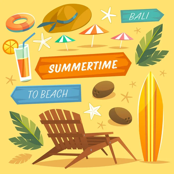 Vacaciones Verano Conjunto Objetos Ilustración Vectorial — Vector de stock