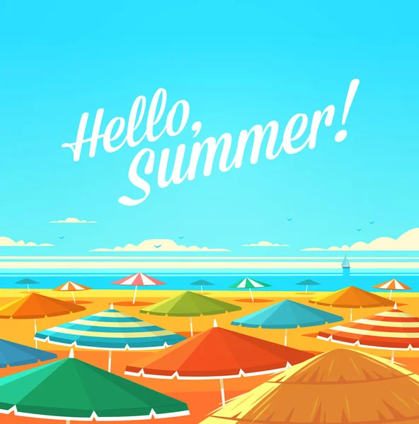 Hola Summer Cita Verano Cartel Vacaciones Verano Fondo Con Playa — Vector de stock