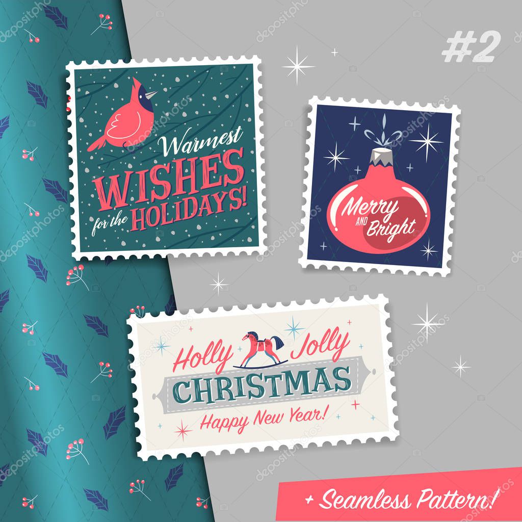 Christmas stamps with holiday greetings and pattern. Vector illustration