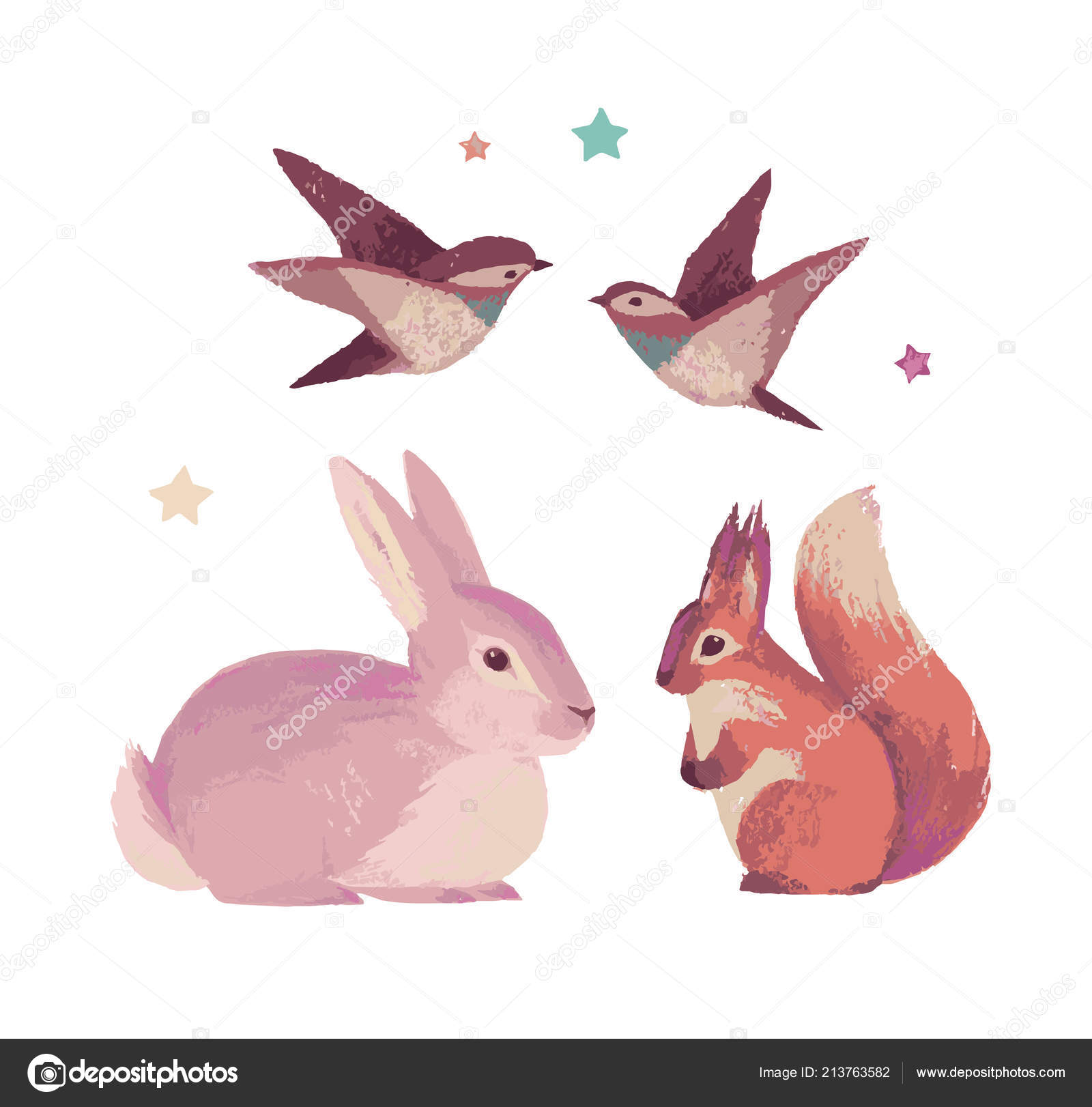Vector Illustration Cartoon Rabbits Squirrel Birds Stock Vector Image