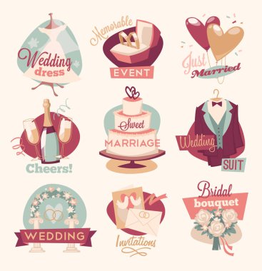 Retro düğün Amblemler illüstrasyon vektör 