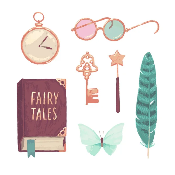 Set Fairy Tail Fantasy Book Magic Wand Key Feather Butterfly — Stock Vector