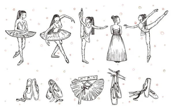 矢量草图 芭蕾舞演员和配件 矢量笔样式对象集 — 图库矢量图片