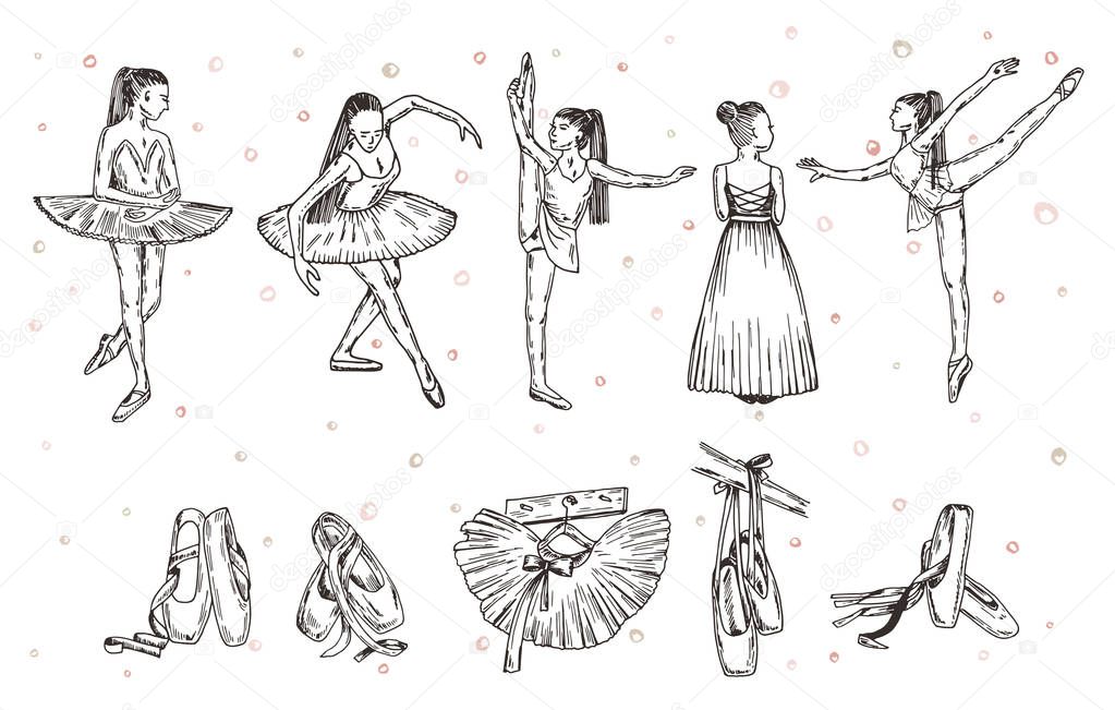 Vector sketch. Ballet dancer and accessories. Vector pen style objects set.