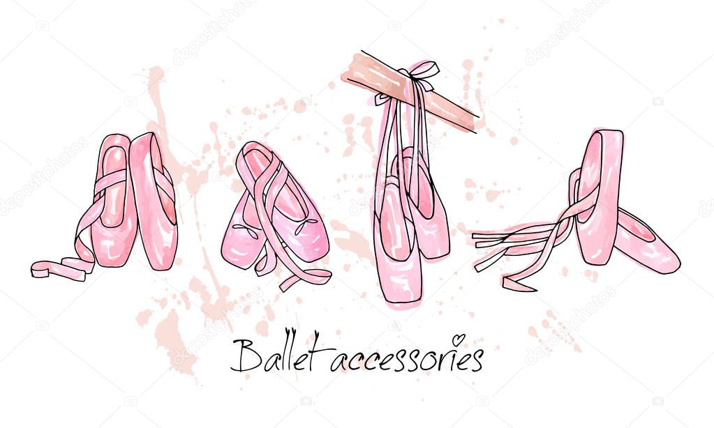 Vector sketch. Ballet accessories, pointes . Vector pen style objects set. Print element.