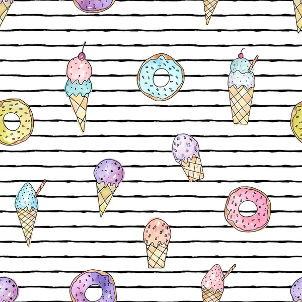 Векторная Иллюстрация Стилизованное Мороженое Пончики Полосатом Фоне Печать Дизайн Милые — стоковый вектор