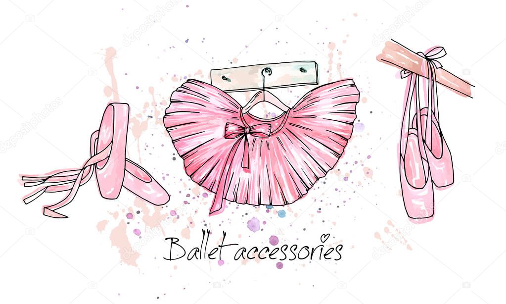 Vector sketch. Ballet accessories, pointes and skirt. Vector pen style objects set. Print element.