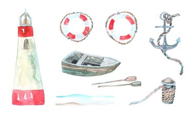 Sulu boya resim. Deniz nesneleri kümesi: deniz feneri, lifebuoy, tekne, kürek, çapa, ip.