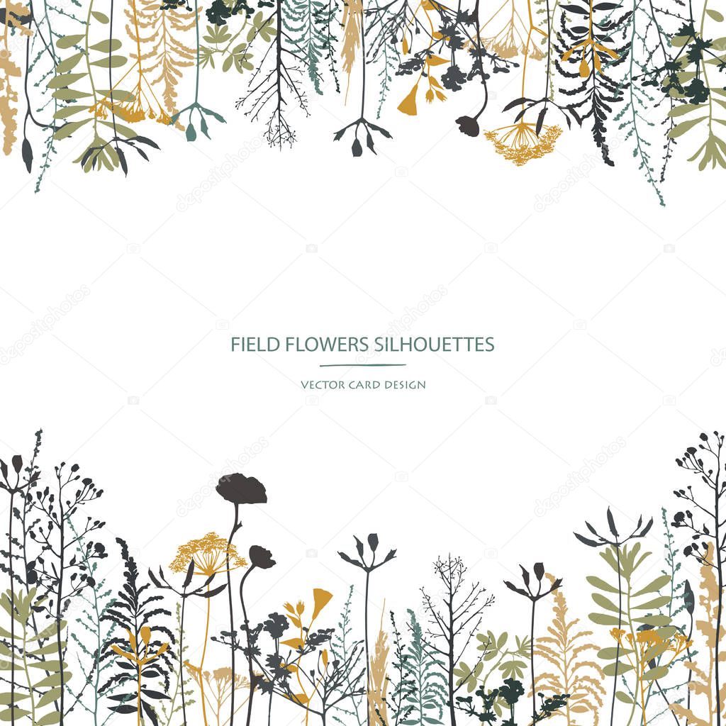 Vector silhouettes collection. Set of field flowers, herbs. Card design. Label design.