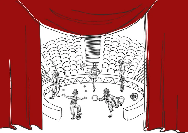 Sirk Performans Stile Vektör Çizim Kroki Taklit Çekilmiş Arena Renkli — Stok Vektör