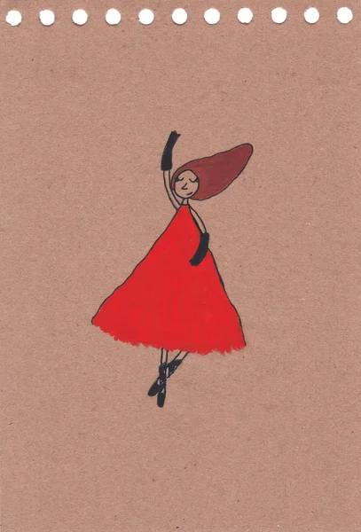 Çizim Rengi Craft Kağıt Arka Plan Üzerinde Kırmızı Elbiseli Kız — Stok fotoğraf