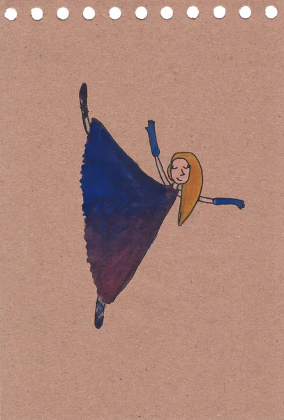 Çizim Rengi Craft Kağıt Zemin Üzerine Mavi Elbiseli Kız — Stok fotoğraf