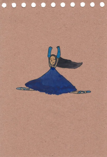 Dessin Couleur Fille Robe Bleue Sur Fond Papier Artisanal — Photo