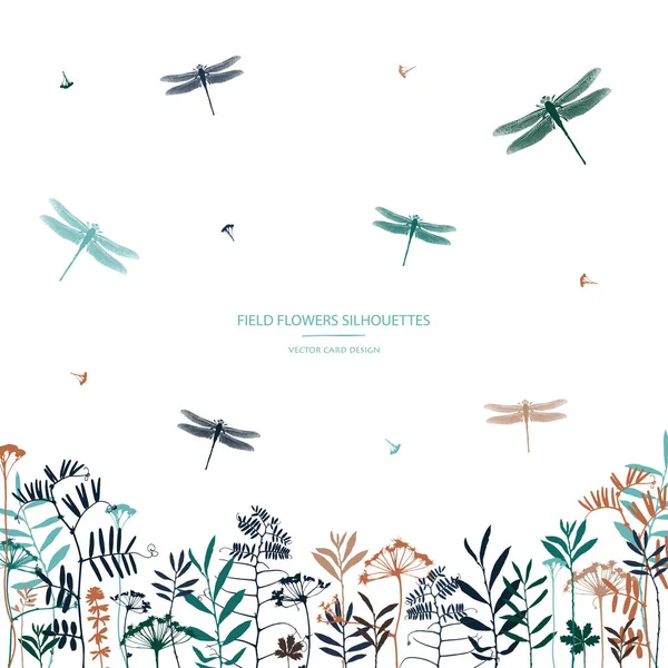 Collection Silhouettes Vectorielles Ensemble Fleurs Champ Herbes Libellules Design Carte — Image vectorielle