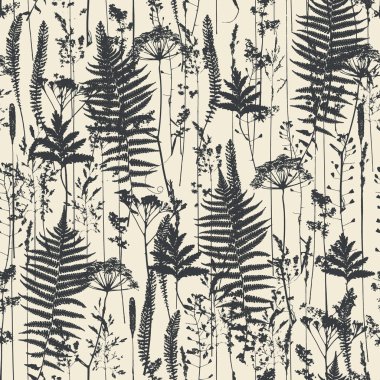 Vector silhouettes koleksiyonu. Alan çiçekler, otlar kümesi. Dikişsiz desen unsuru. Kağıt tasarımı. Yazdırma öğesi. Tek renkli.