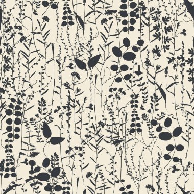 Vector silhouettes koleksiyonu. Alan çiçekler, otlar kümesi. Dikişsiz desen unsuru. Kağıt tasarımı. Yazdırma öğesi. Tek renkli.