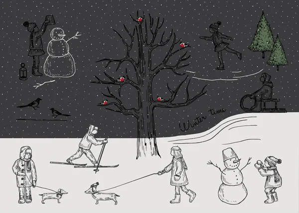 向量例证 冬季钢笔样式设置 户外儿童 冬树与吹口哨 溜冰鞋雪橇滑雪休假时间 设计元素 — 图库矢量图片
