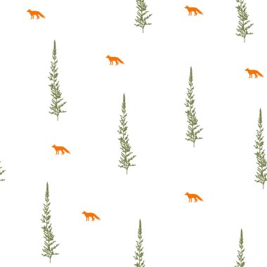 Vektör çizim. Çam ağaçları ve fox siluetleri. Dikişsiz desen unsuru. Kağıt tasarımı. Tekstil baskı tasarımı.