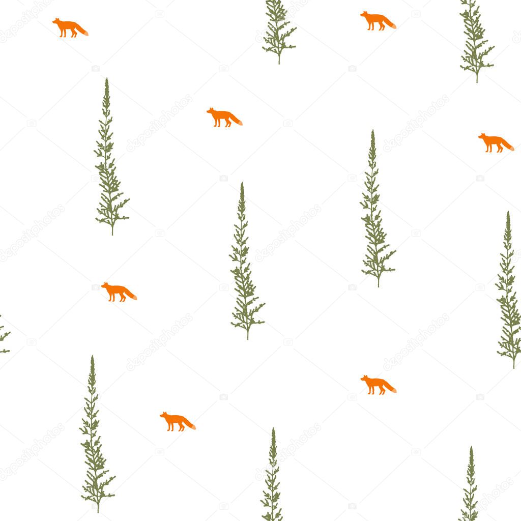 Vector illustration. Fir trees and fox silhouettes. Element of seamless pattern. Paper design. Textile print design.