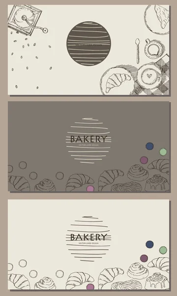 Ilustración Vectorial Pasteles Café Cinnabon Croissant Macarrones Molinillo Café Taza — Vector de stock