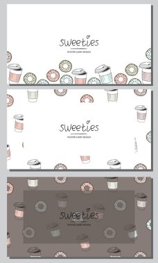 Vektör kartvizit tasarım kümesi. Sevimli vektör çörek ve kahve bardağı .