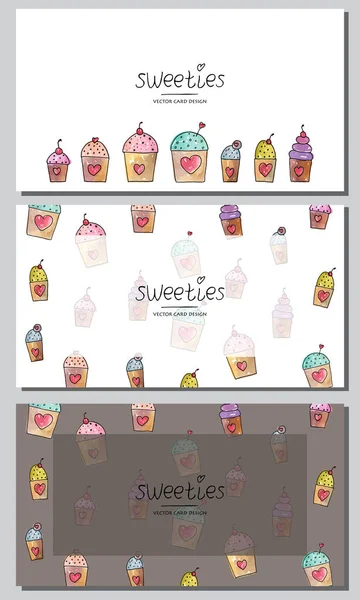 Vector Visiting Cards Design Set Stylized Cupcakes Cute Vector Objects — Stock Vector