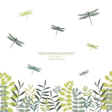 Vector silhouettes koleksiyonu. Dizi alanı çiçekler ve otlar. Kart tasarımı. Etiket tasarımı.