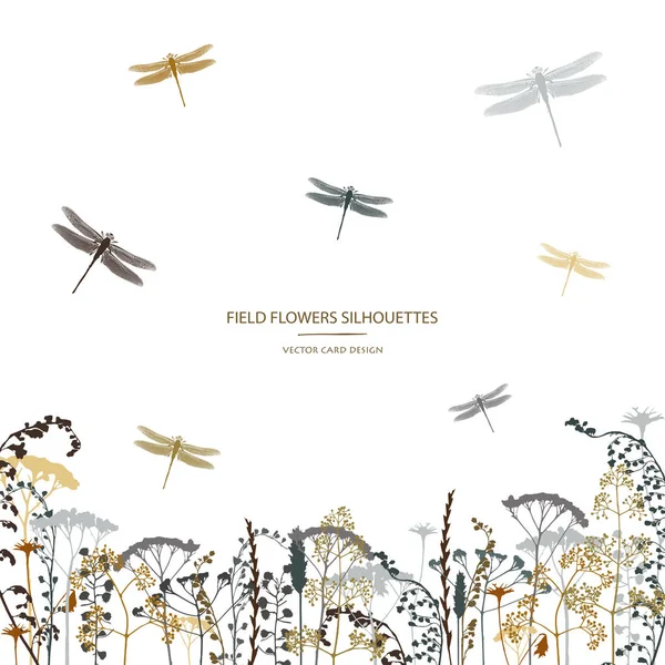 Collection Silhouettes Vectorielles Ensemble Fleurs Champ Herbes Libellules Design Carte — Image vectorielle