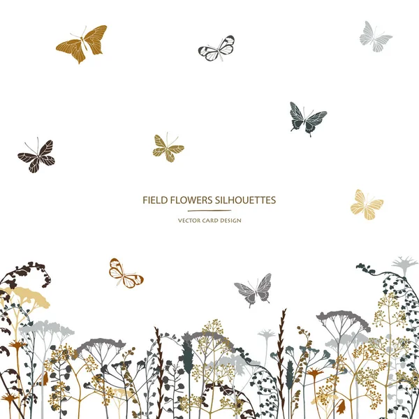 Collection Silhouettes Vectorielles Ensemble Fleurs Champ Herbes Papillons Design Carte — Image vectorielle